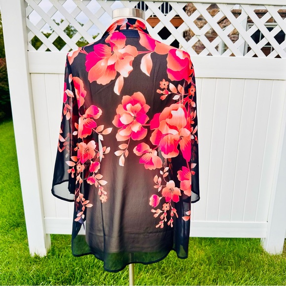 Susan Graver Kimono Black Chiffon Open Front Floral Print - Picture 8 of 16